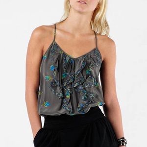 Rebecca Taylor Grey Floral Ruffle Silk Tank